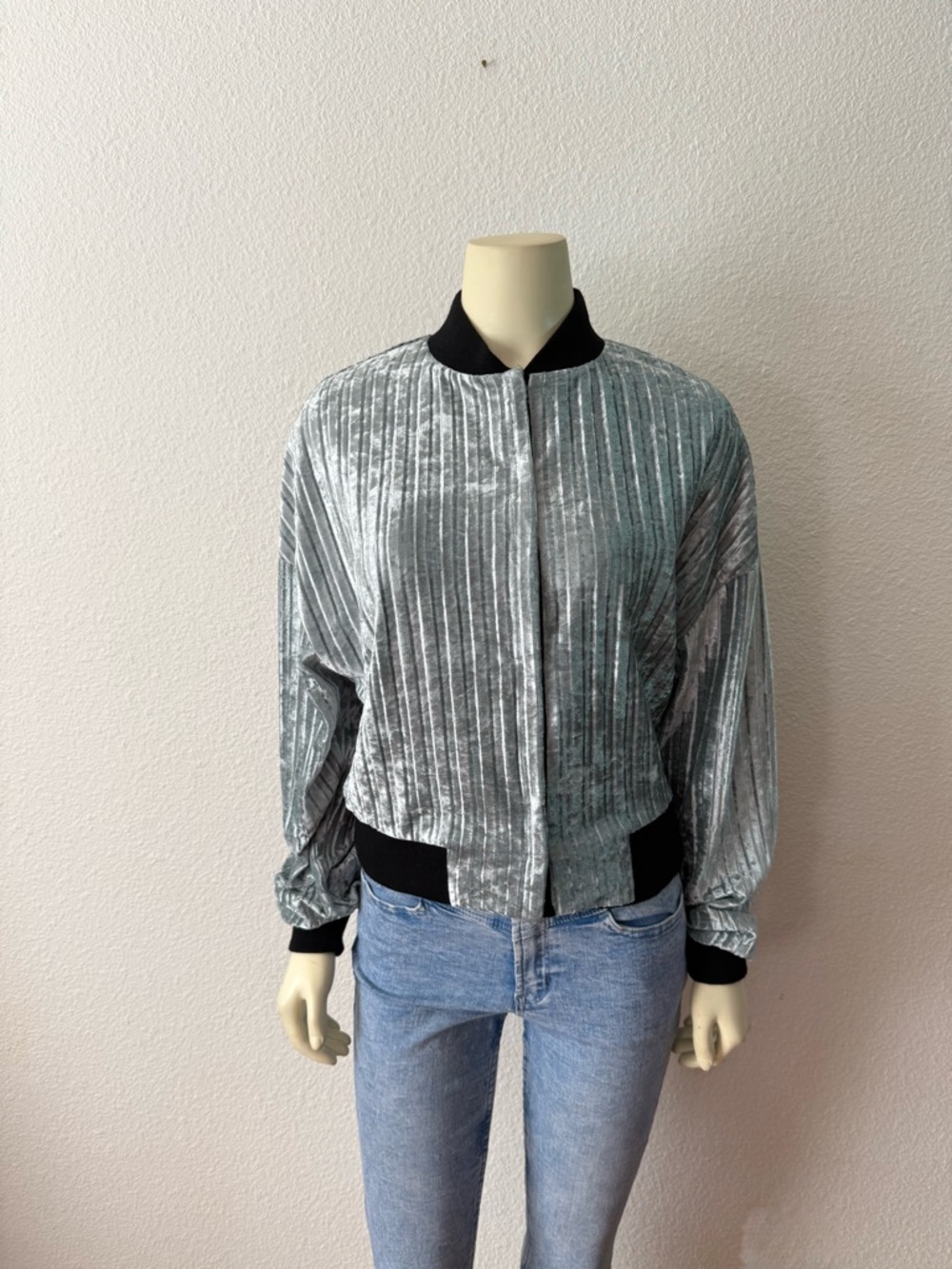 Willow & Root Silver Gray Velvet Bomber Jacket Sheer Lace Back Size M